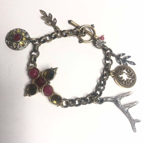 811 Lucky Brand boho antler charm drop goldtone silvertone toggle bracelet 7.5" - Picture 1 of 2
